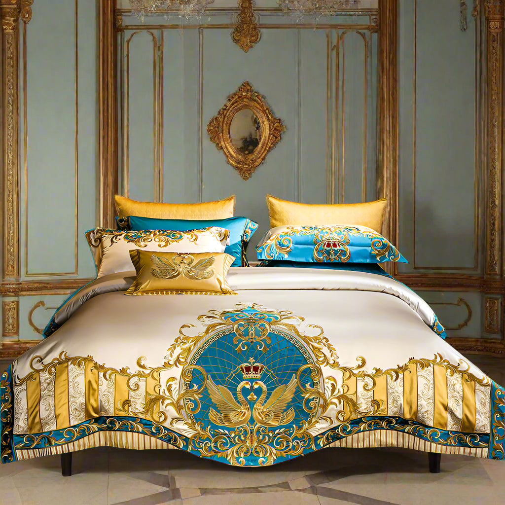 European High-End Pure Cotton Satin Luxury Embroidery Bedding Set 4 PCs Set / 10 PCs Set