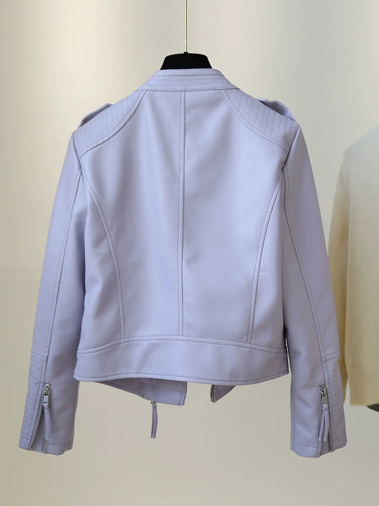 Short Stand-up Collar Slim-Fit Long-Sleeved Motorcycle Leather Coat