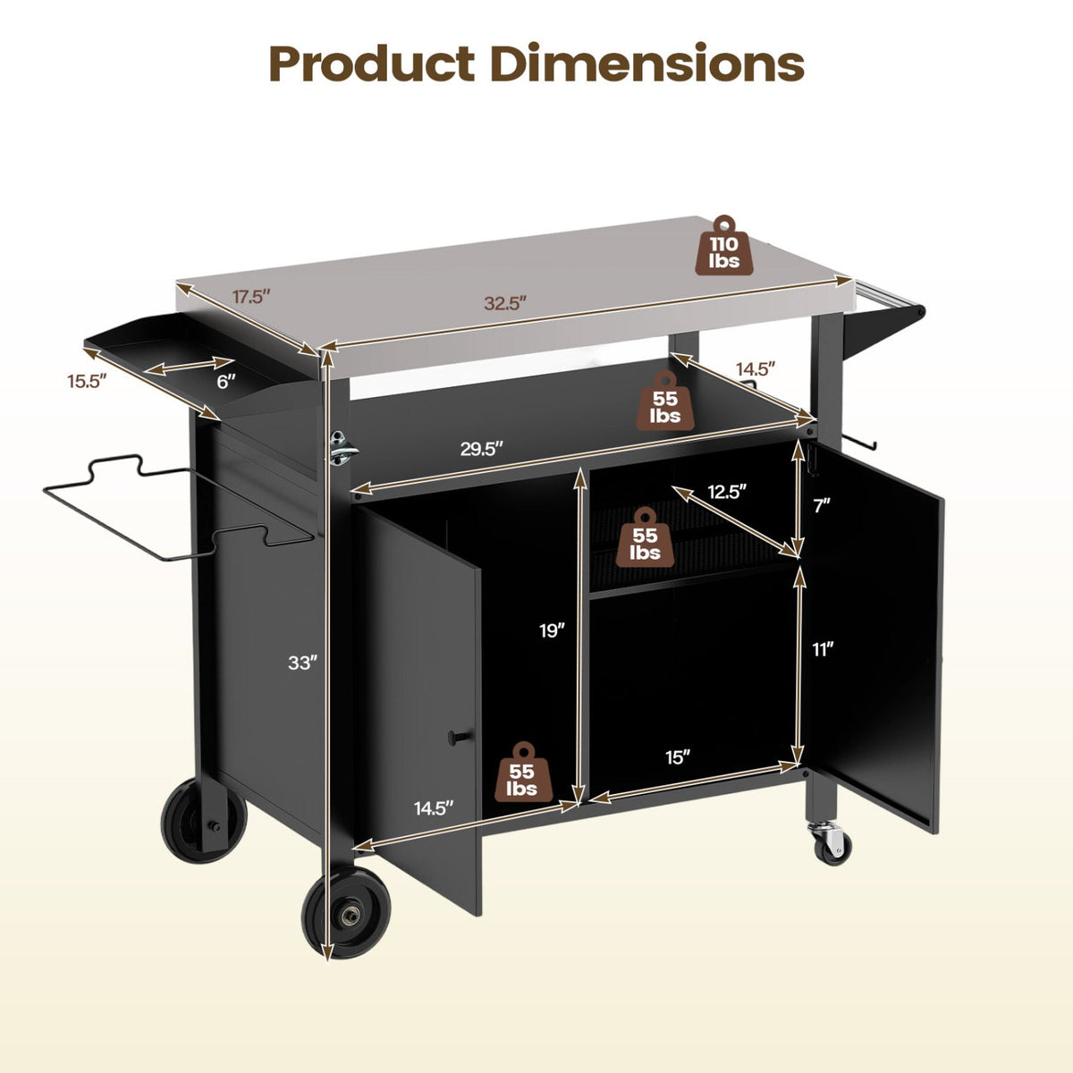 Outdoor Grill Cart with Stainless Steel Top & Storage Cabinet