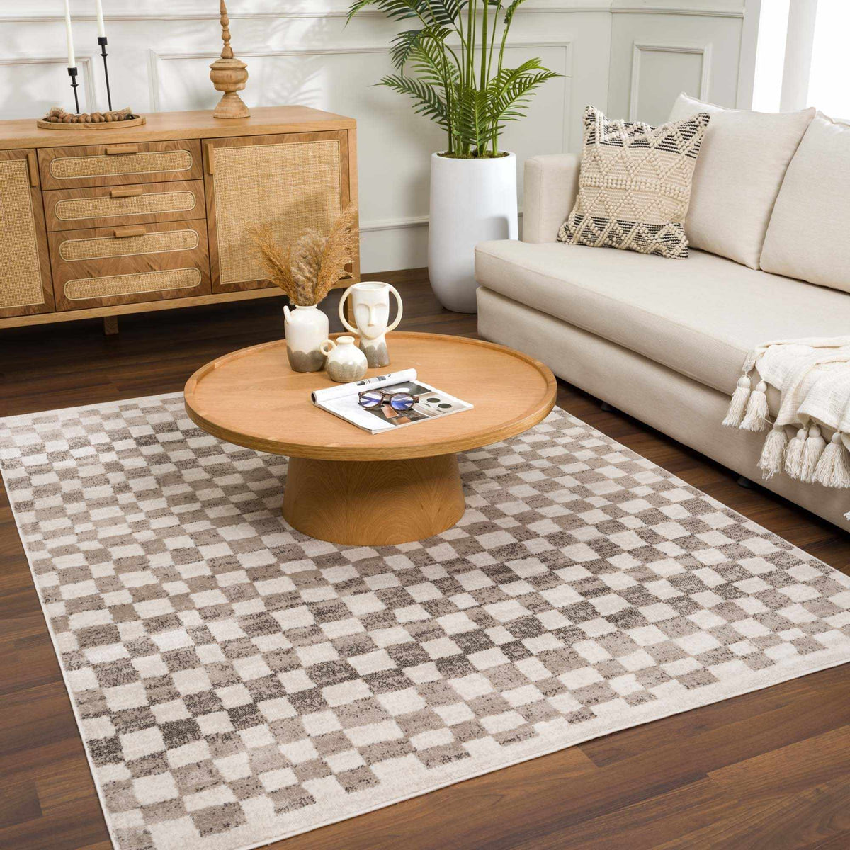 Benjy Beige Checkered Area Rug