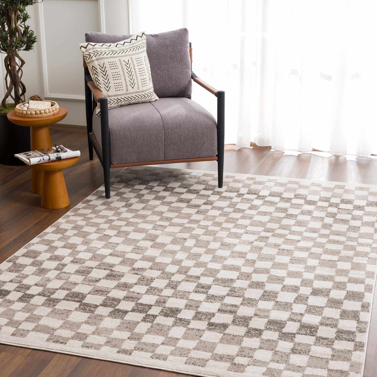 Benjy Beige Checkered Area Rug