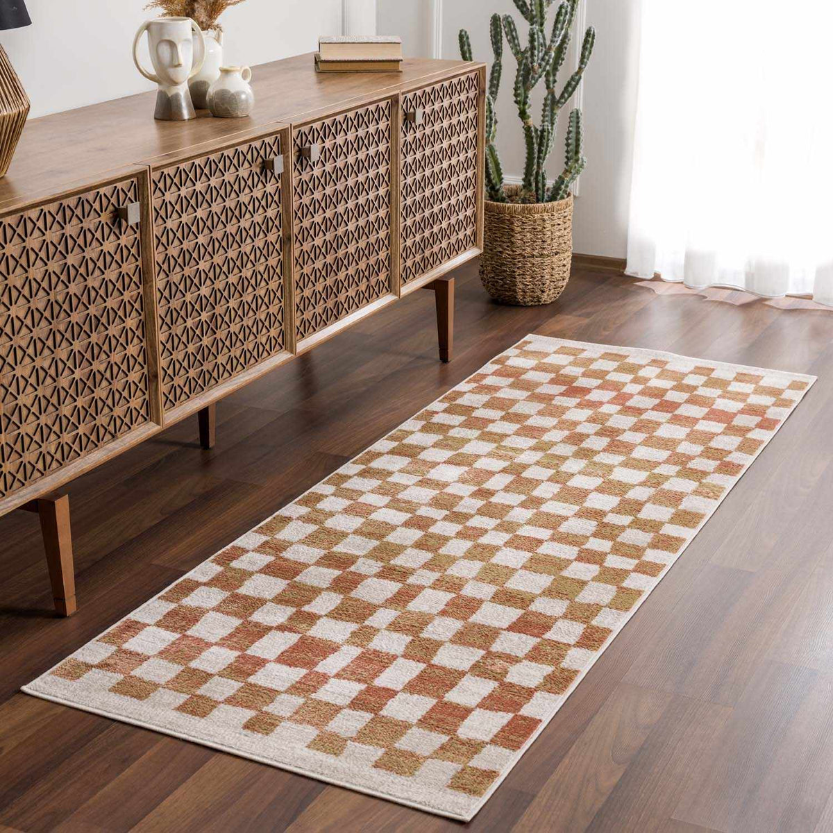 Benjy Cream & Salmon Checkered Area Rug