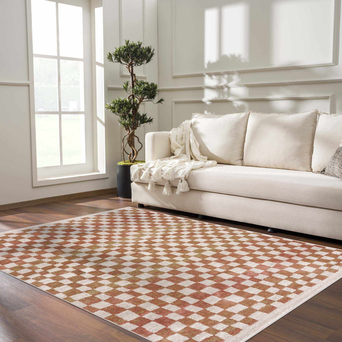 Benjy Cream & Salmon Checkered Area Rug
