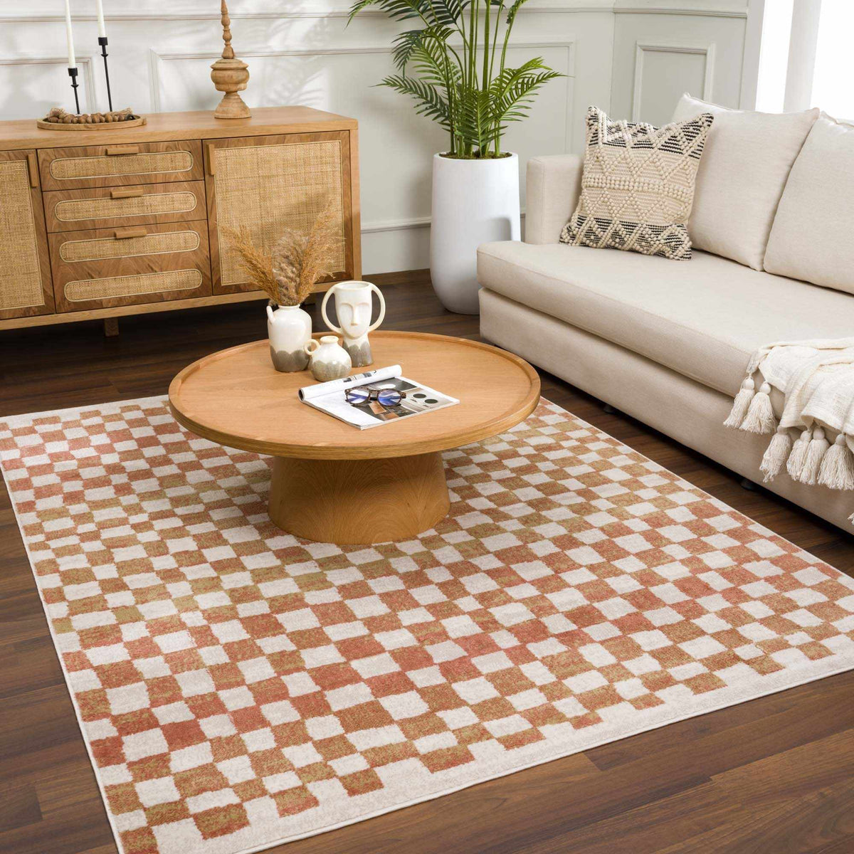 Benjy Cream & Salmon Checkered Area Rug