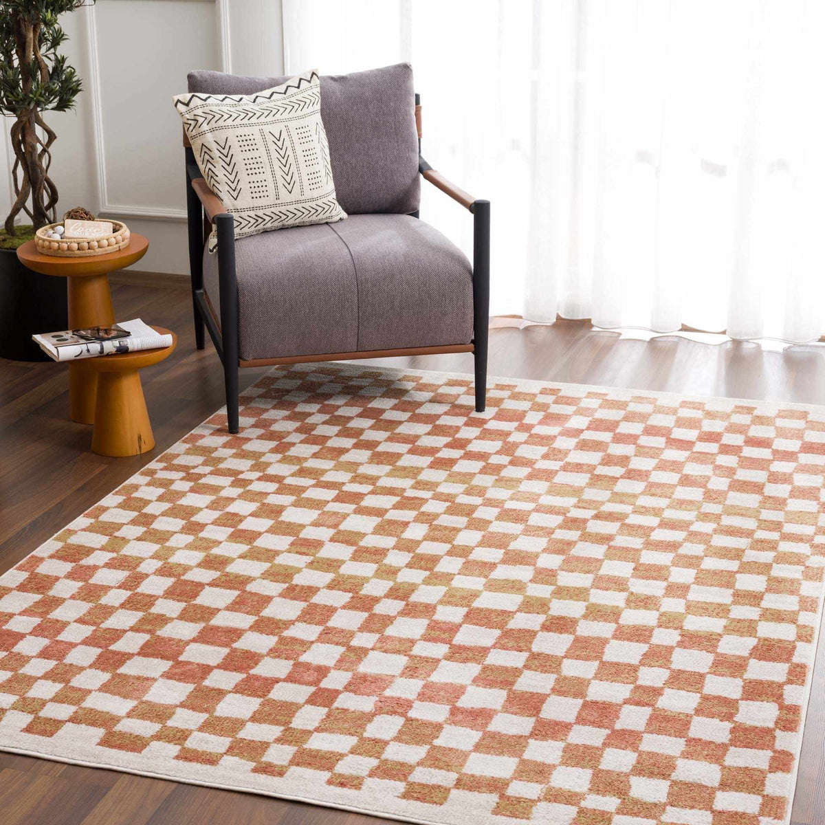 Benjy Cream & Salmon Checkered Area Rug