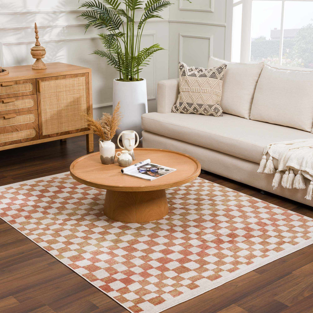 Benjy Cream & Salmon Checkered Area Rug