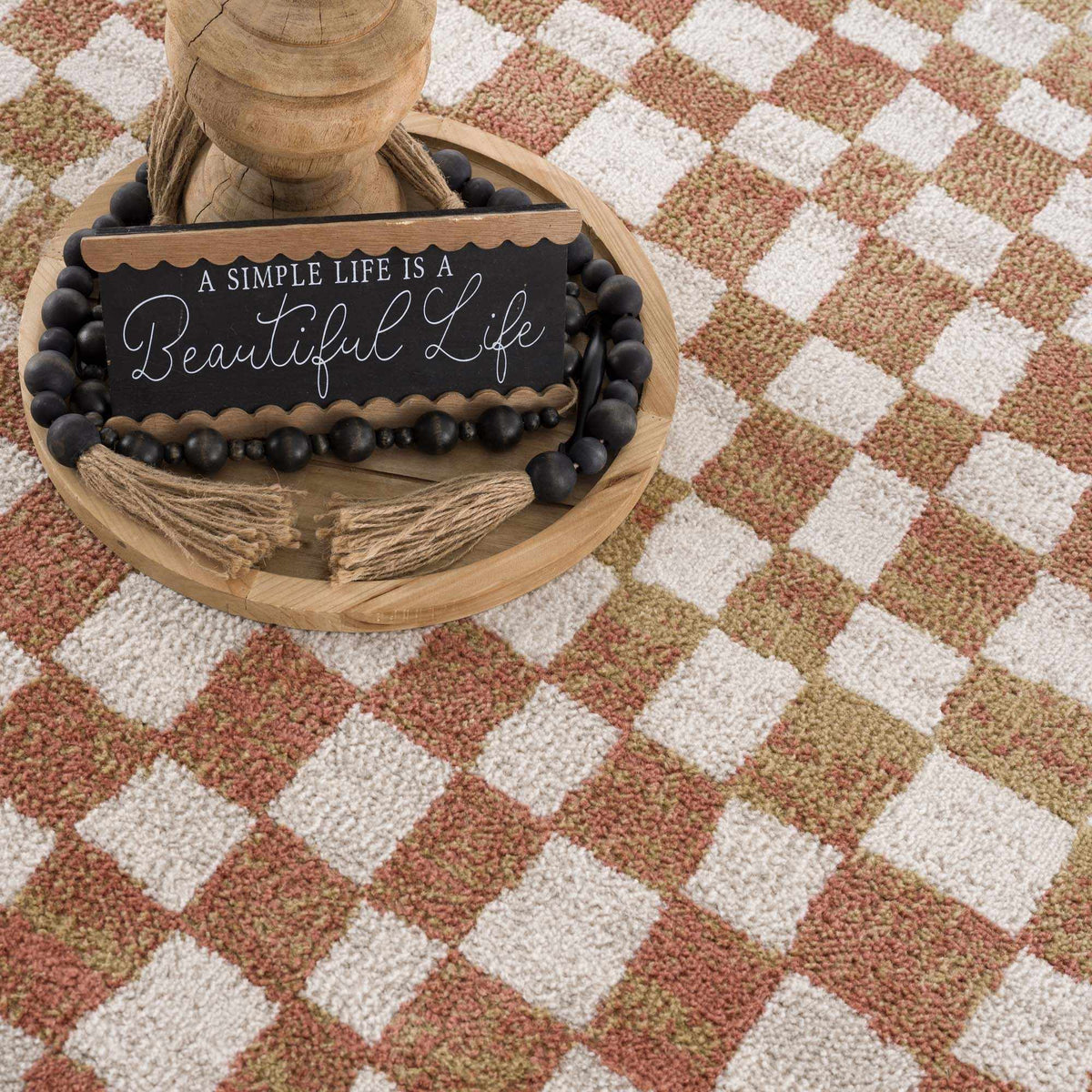 Benjy Cream & Salmon Checkered Area Rug