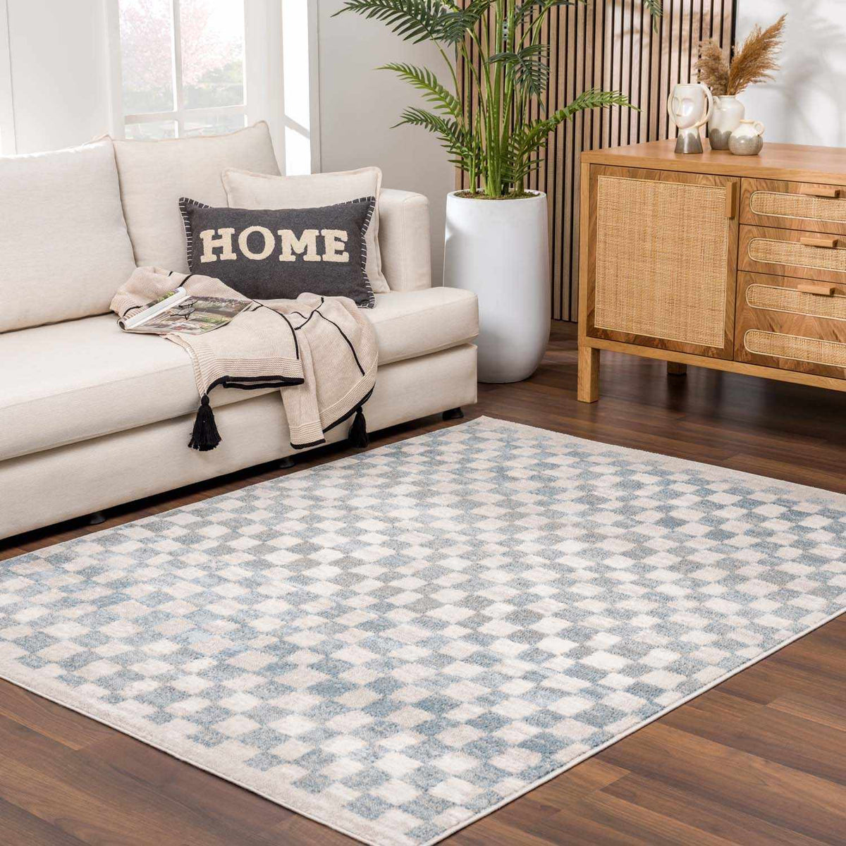 Benjy Cream & Light Blue Checkered Area Rug