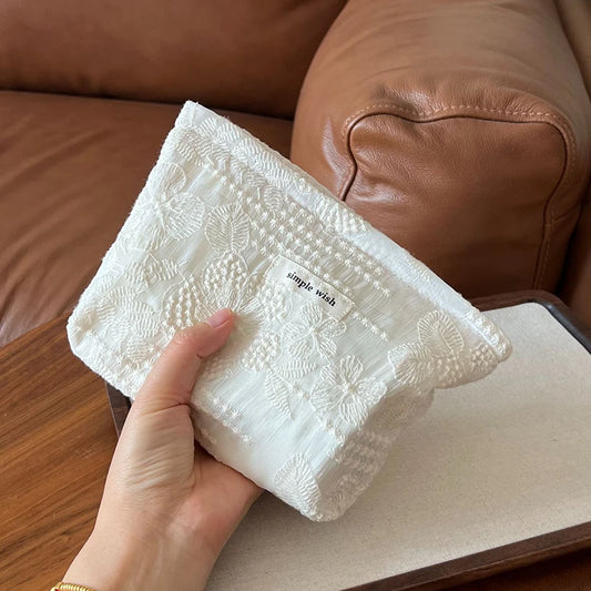 Elegant White Lace Makeup Bag Zippered Cosmetic Pouch Multi-purpose Lipstick Headphone Storage Travel