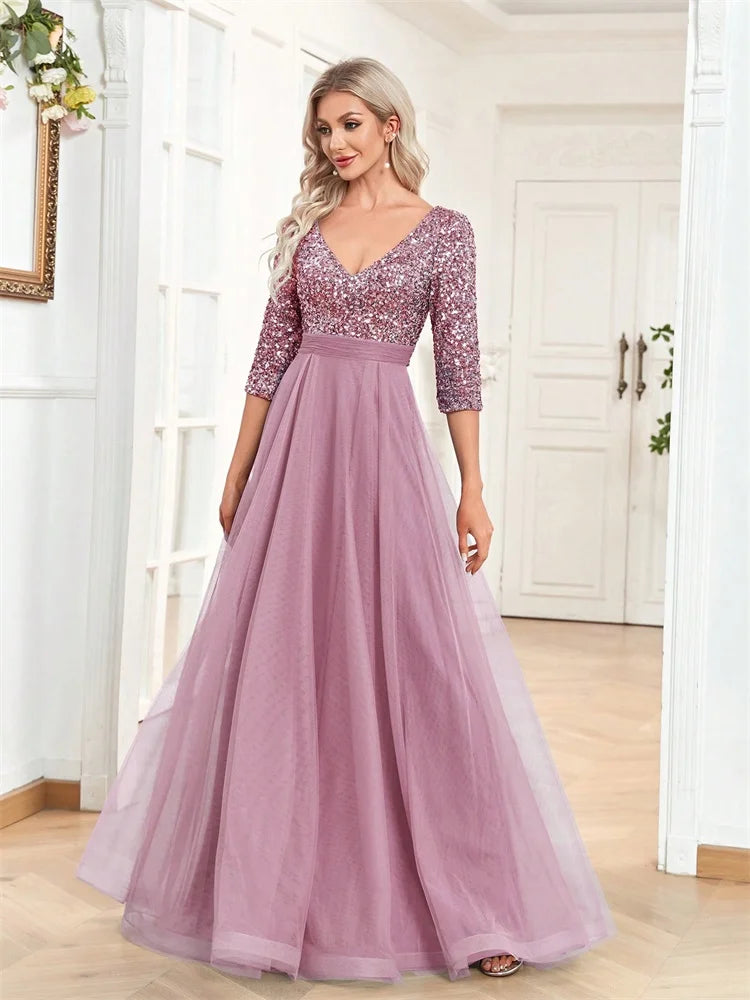 Luxury Floor Length V-Neck Evening Dress Party Maxi Dress Sequin Short Sleeves Prom Cocktail Gown