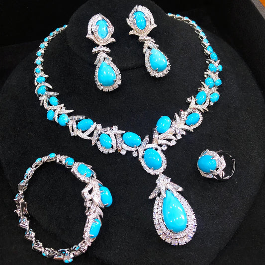 Turquoise Dubai Jewelry Sets For Women CZ Zircon Necklace