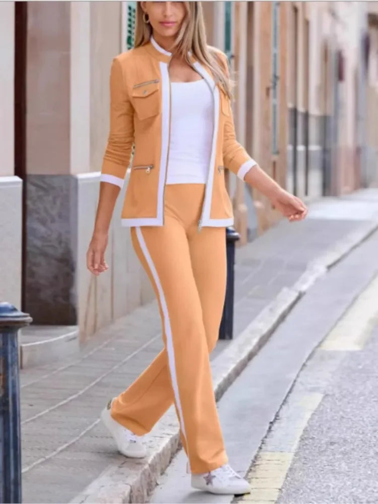 Women Two Piece Sets Zipper Jacket Straight Pants Set