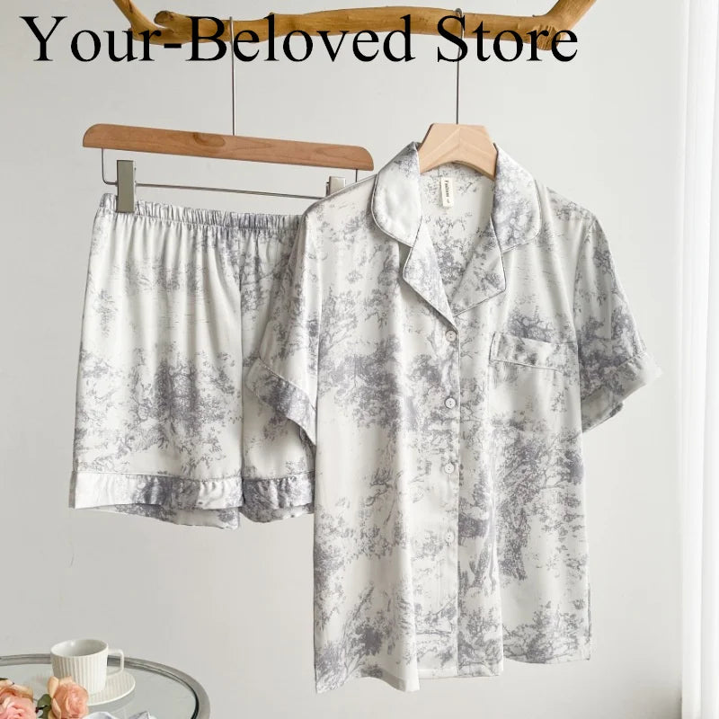 Red Sexy Pajamas Set Lapel Shirt & Pants for Lady Summer Spring 2Pcs Nightwear