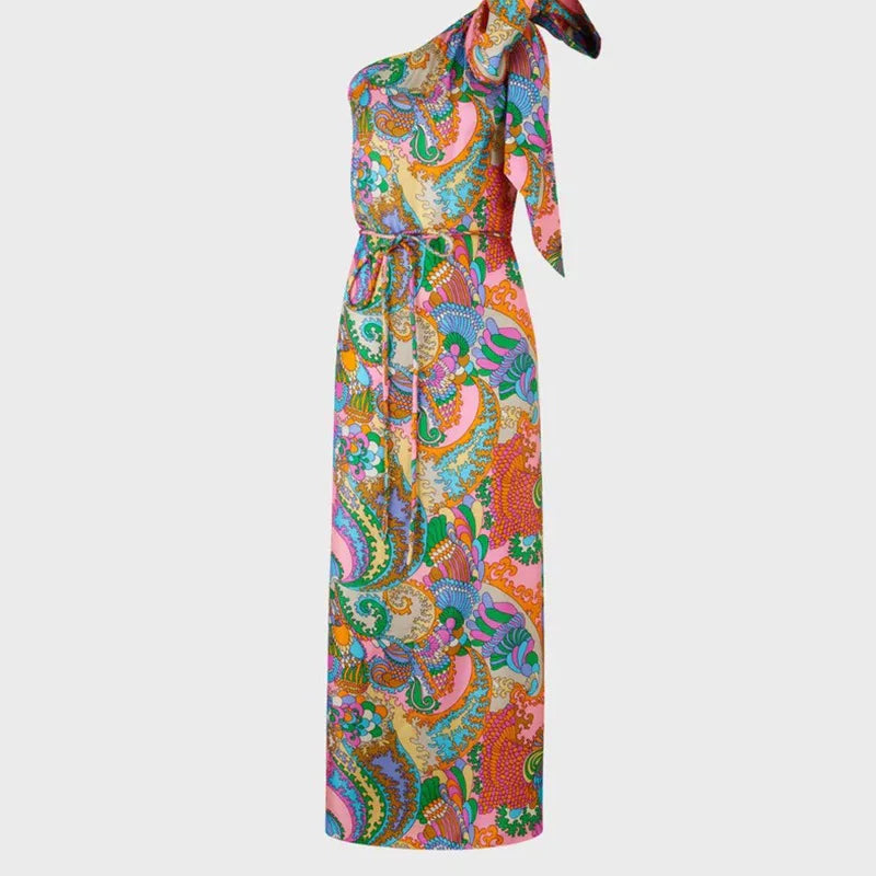 Summer Satin One-piece Robes Fashion Pattern Printed Skew Collar Halter Dress Elegant Off Shoulder Pleated Party Dress