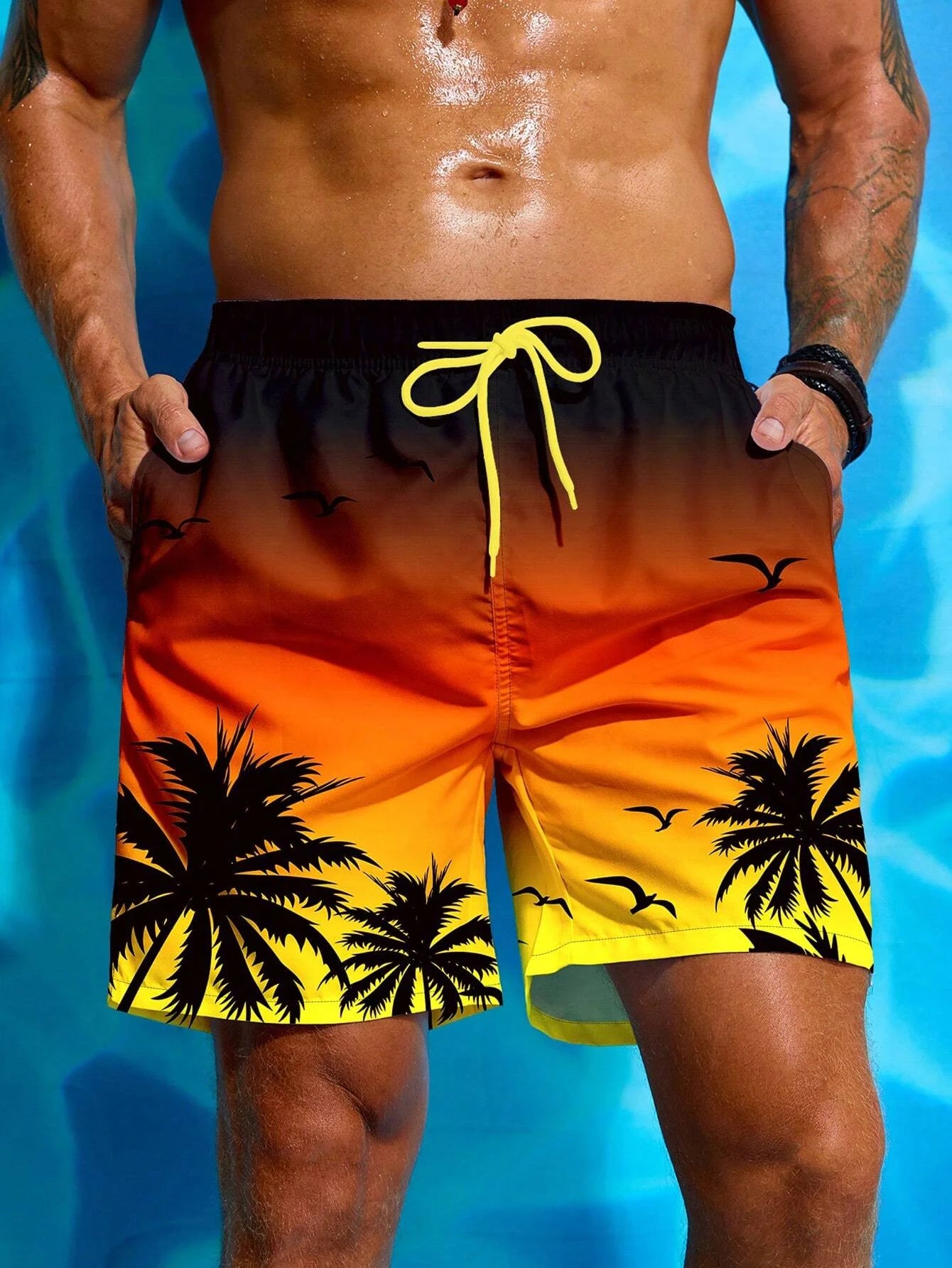 Men's Palm Tree 3D Printed Drawstring Swimming Breathable Shorts