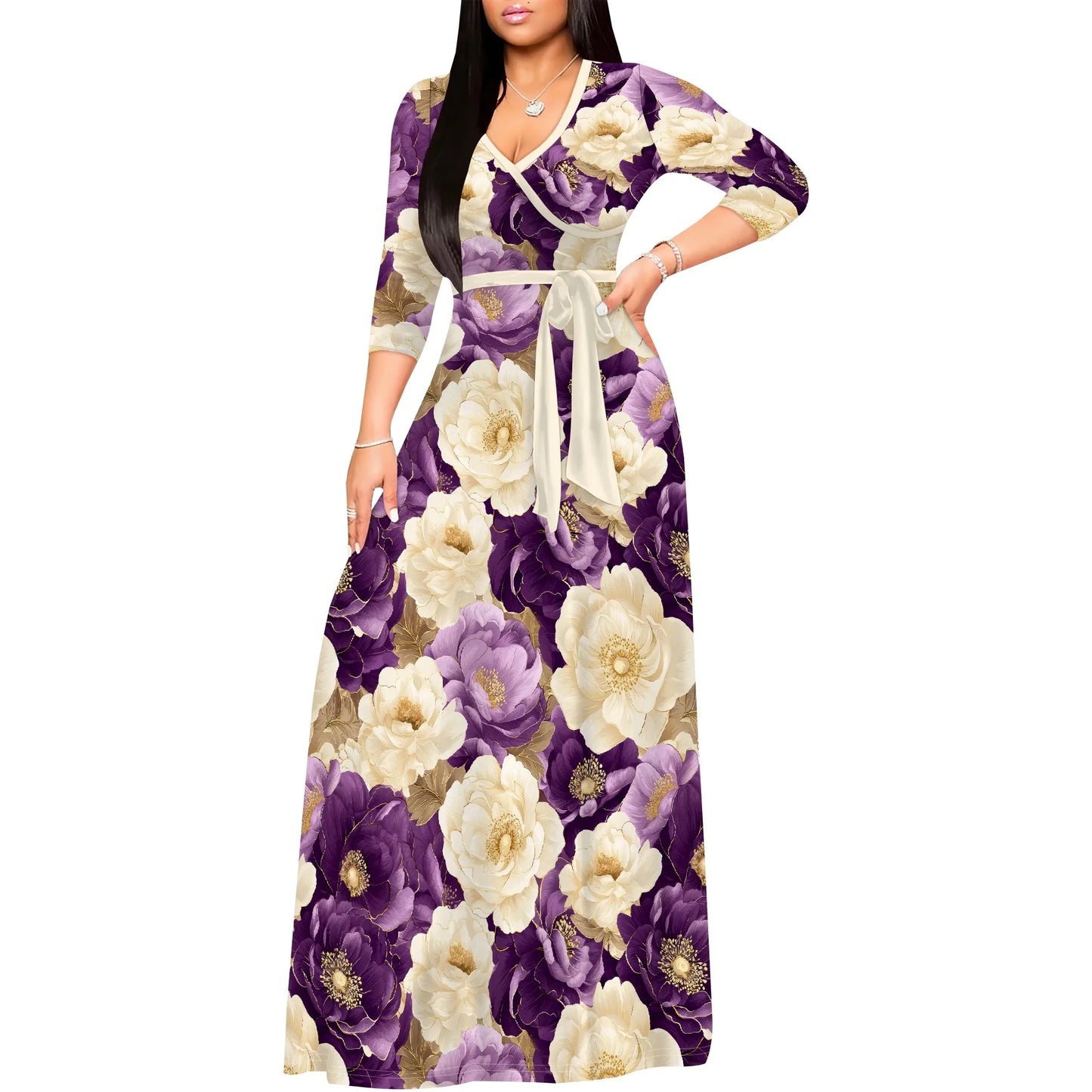 Romantic Floral V-Neck 3/4 Sleeve Wrap Maxi Dress with Belt
