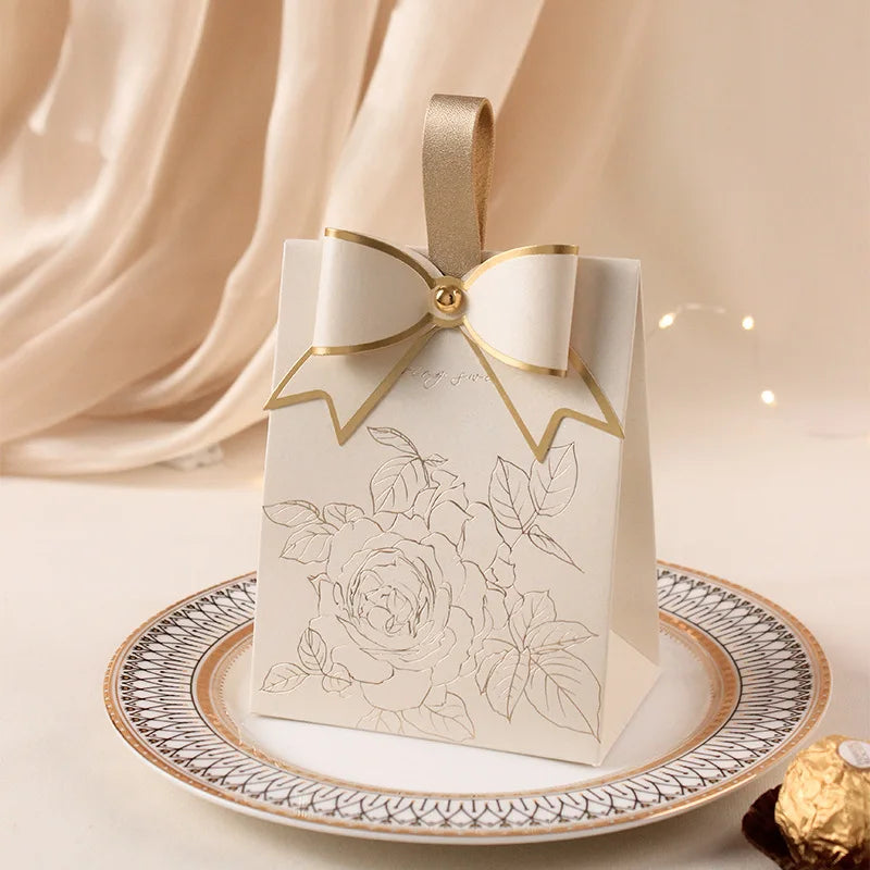20/50Pcs New Cream White Wedding Box Vintage French Hand-Held Champagne Bow Texture Anniversary Festival High Quality Paper Box