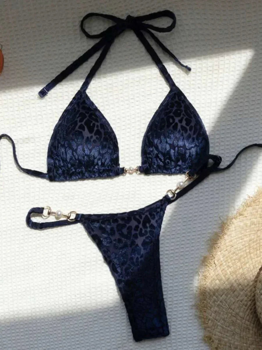 Sexy Leopard Velvet Bikini Bra Thong Swimwear Two-piece