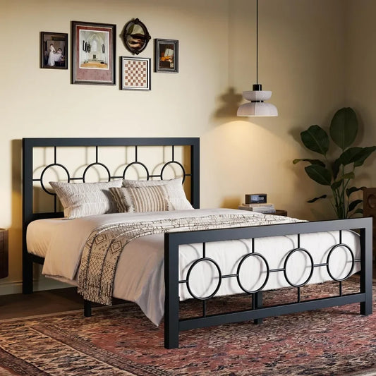 Bed Frame with Vintage Circular Design Headboard and Footboard, No Box Spring Required, Easy Assembly, Noise-Free