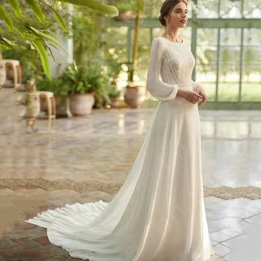 Boho Beach Wedding Dress - Long Sleeve Lace Gown Customizable