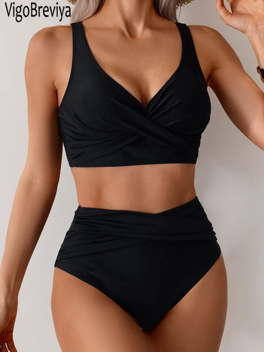 VigoBreviya 2025 Sexy Solid Strapped Swimwear Women Cross Push Up Bikini Set Brazilian Lady Swimsuit High Waist Beach Bath Suit