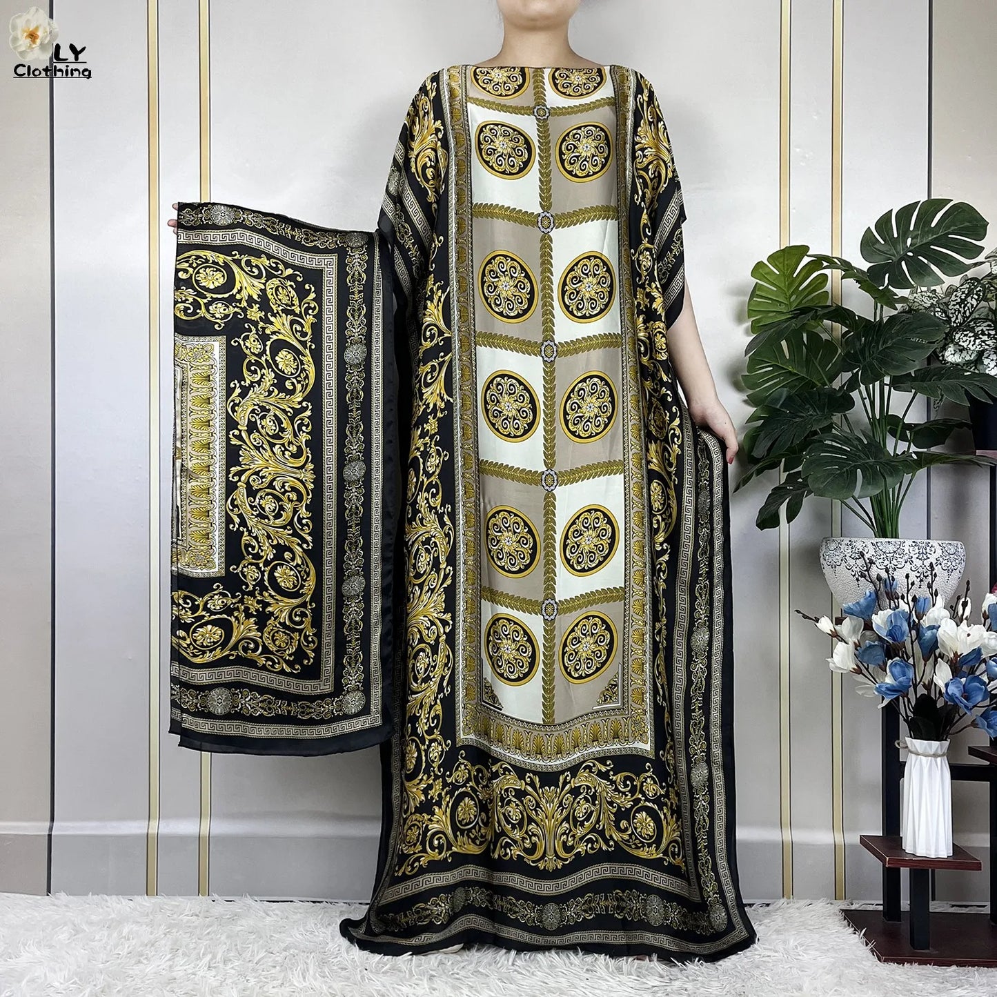 Women Printed Silk Soft Loose Maxi Party Dresses With Belt Turban