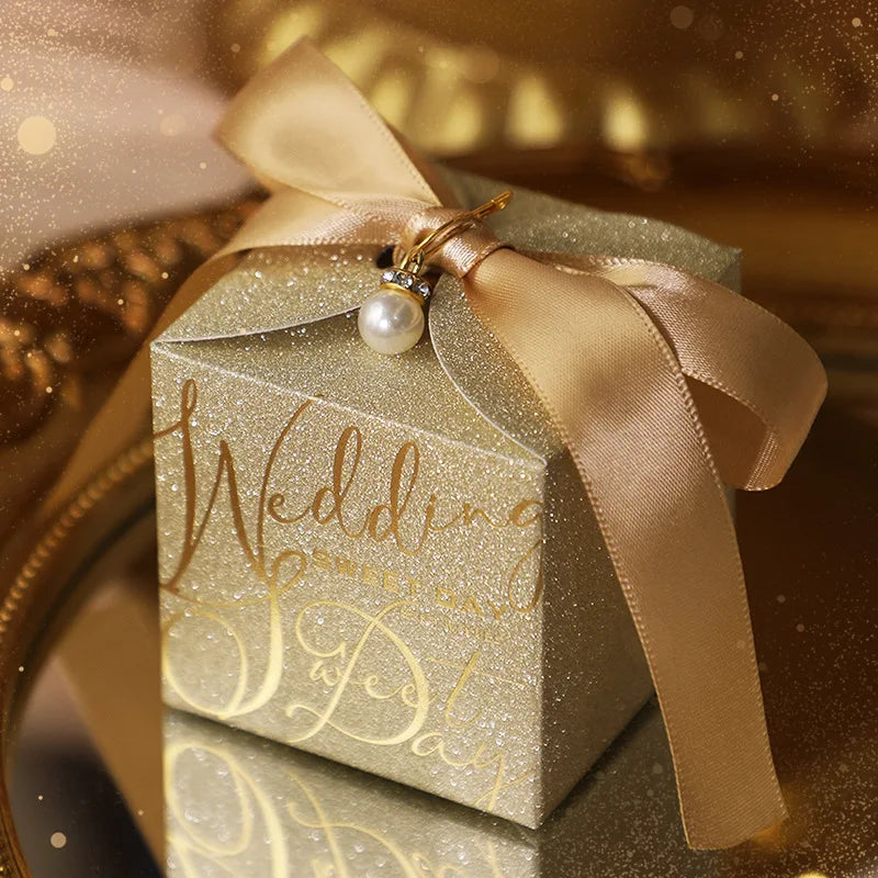 New Wedding Candy Box With Pearl Ribbon Bow High-End Gift Chocolate Box High Quality Glitter Powder Shell Gift Box