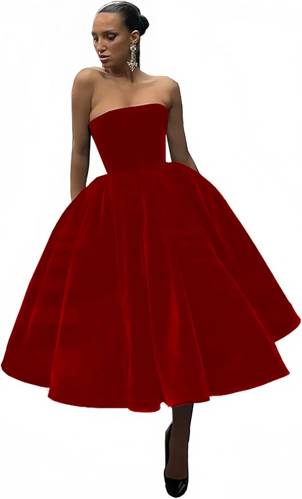 Dark Red Velvet Midi Prom Dresses A-Line Strapless Crystals Pleated Velour Knee Length Formal Party Dresses