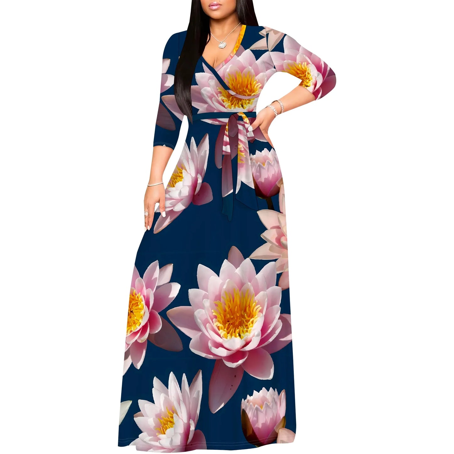 Romantic Floral Rose V-Neck 3/4 Sleeve Wrap Maxi Dress with Belt
