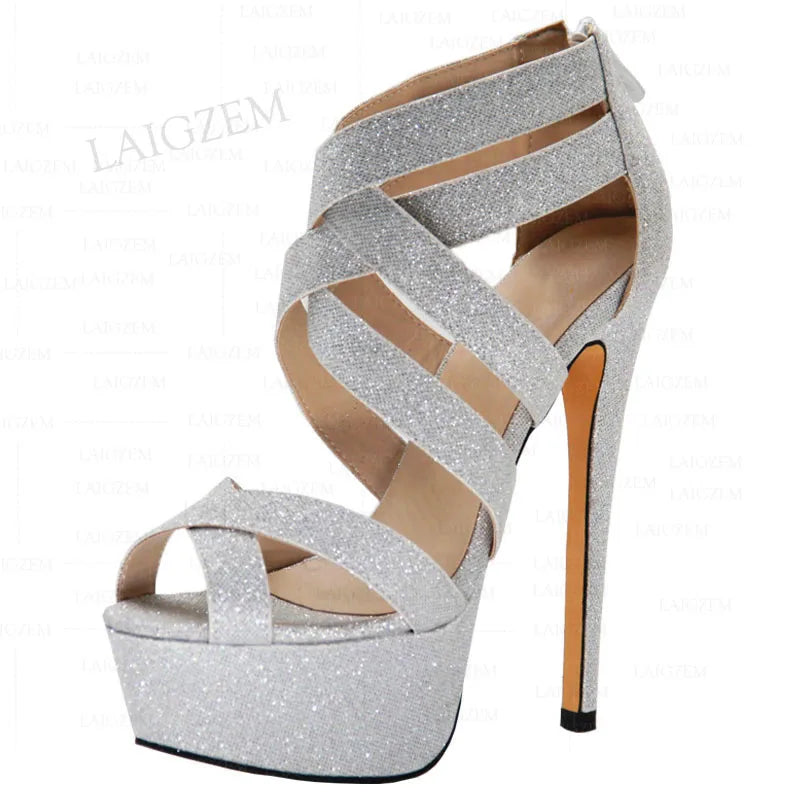 Women Platform Sandals Open Toe Bling Glitter Back Zip Up Party Sandal Pumps Shoes Big Size 34 41 45 47