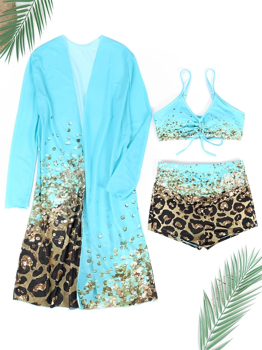 3 Pieces High Waist Bikini Printed Swimsuit Women & Kimono Swimwear