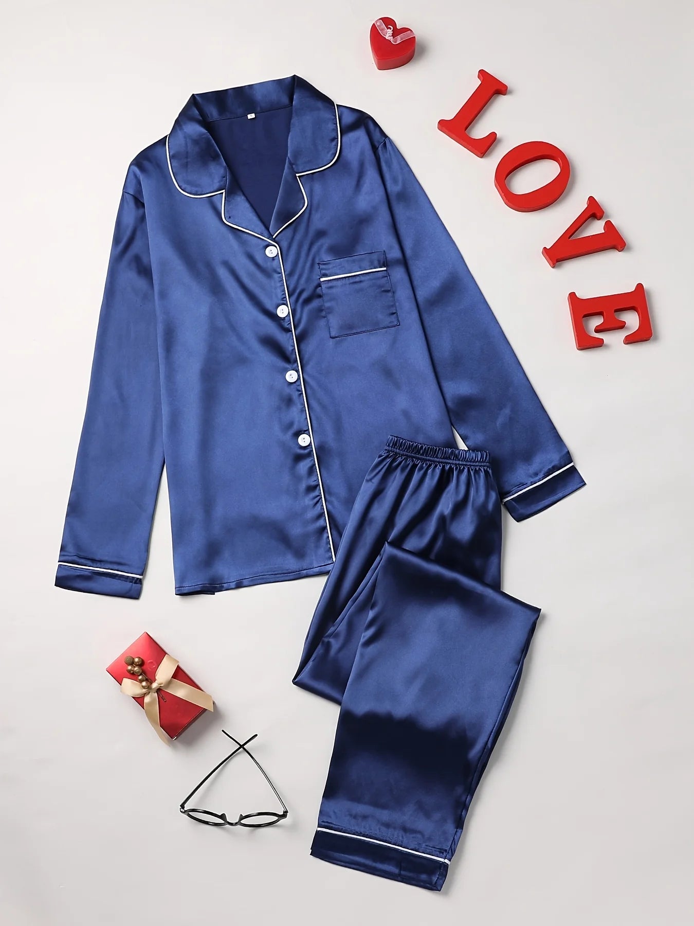 Women Solid Pajama Set Long Sleeve Button Up Lapel Top & Pants