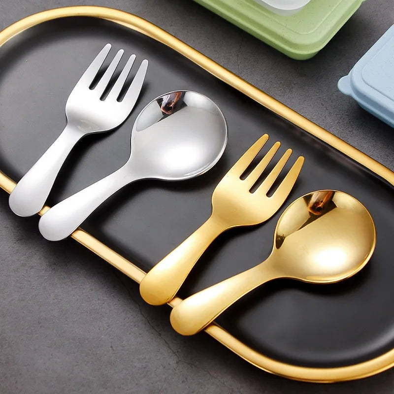 Mini Portable Stainless Steel Spoon Fork Set Storage Dessert Fruit Tool for Work School Short Handle Tableware Suitable for Kids