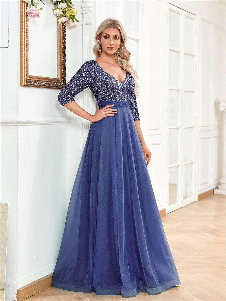 Luxury Floor Length V-Neck Evening Dress Party Maxi Dress Sequin Short Sleeves Prom Cocktail Gown