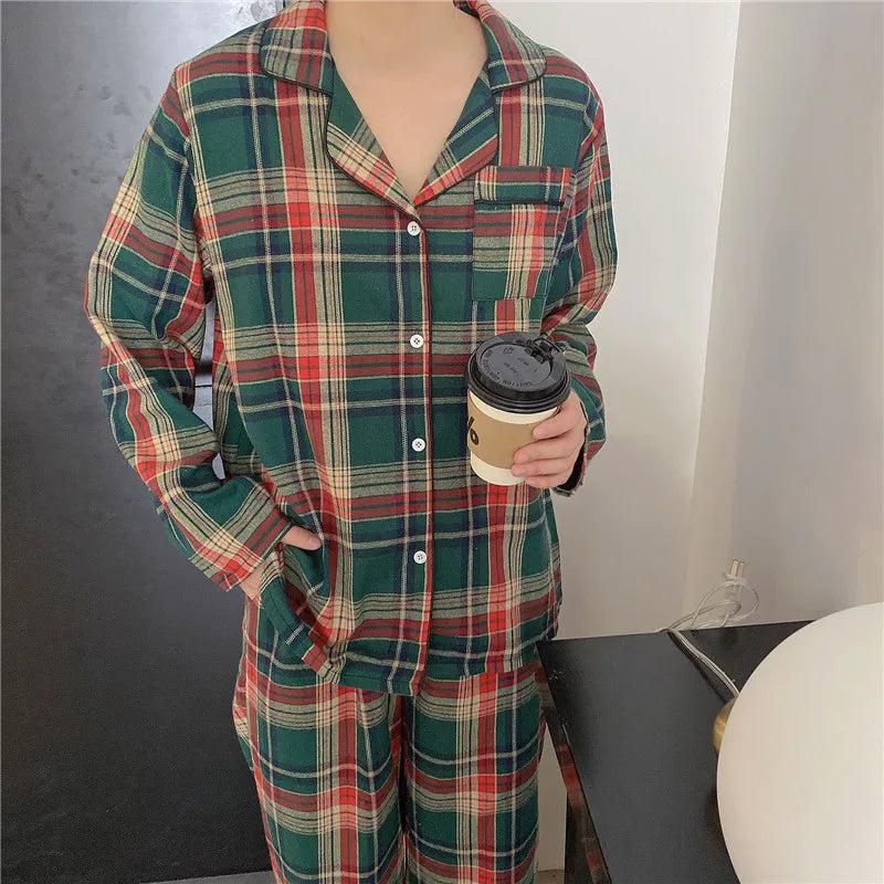 Green Christmas Pajamas Couple Pajama Set Simple Plaid Sleepwear Cotton  Autumn Winter Women