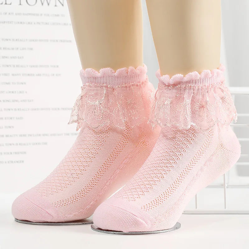 Breathable Cotton Socks with Ruffle Lace