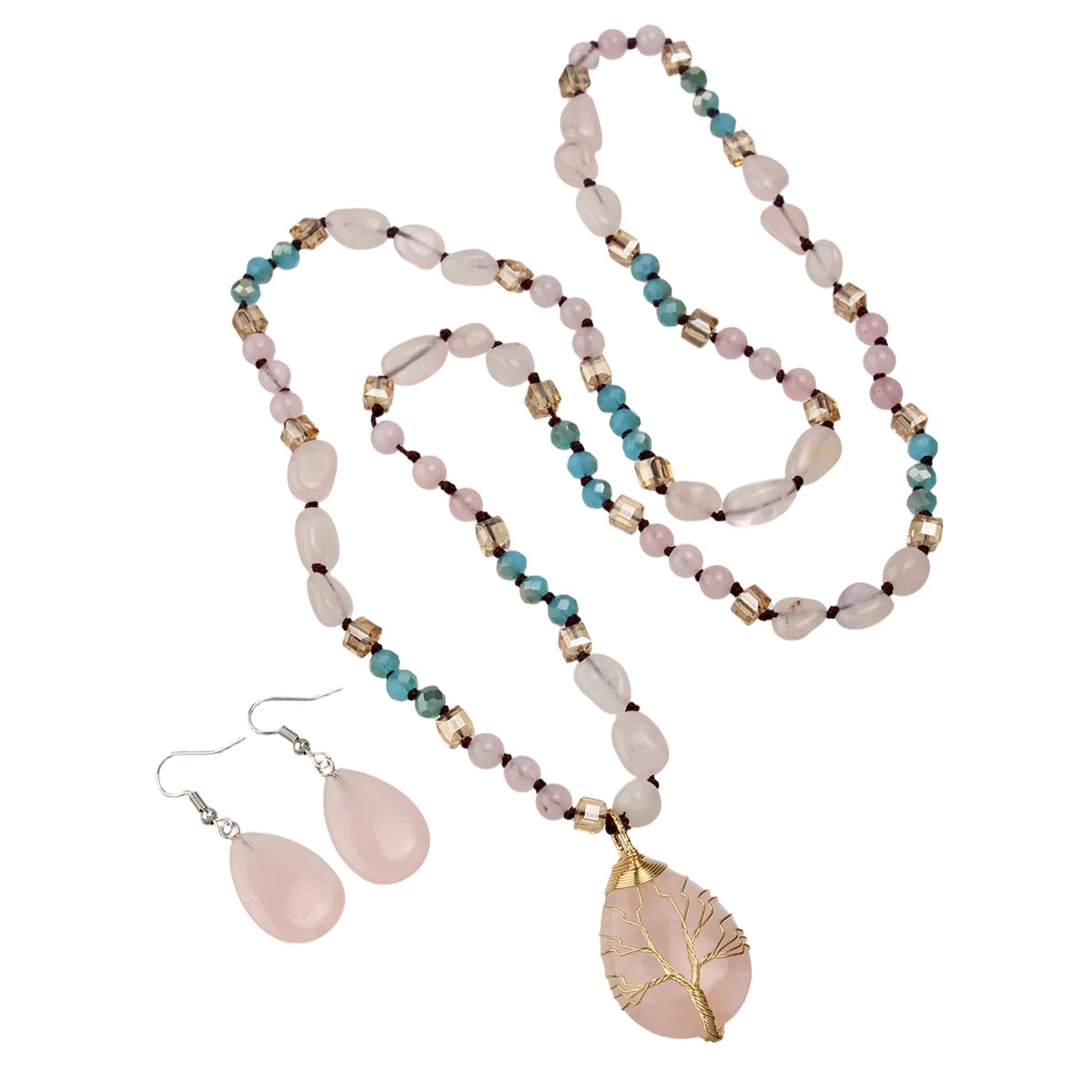 Bohemian-Style Twisted Wire Tree of Life Rose Quartz Necklace Pendant & Earrings
