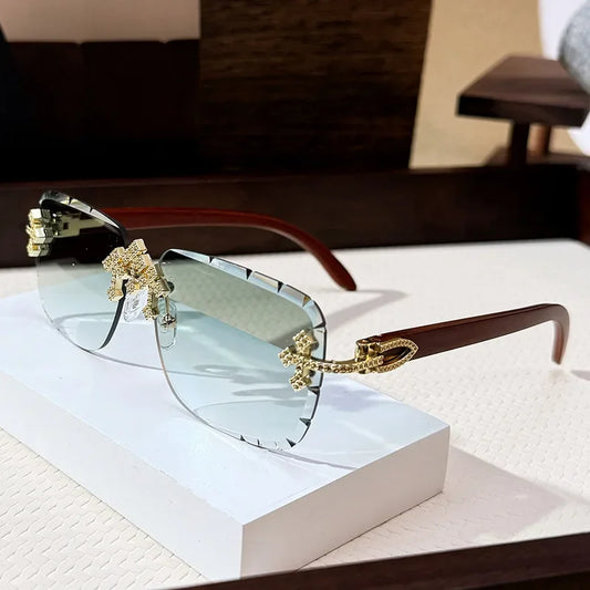 Vintage Rimless Square Cutting Lens Women Men Luxury Brand Designer Sunglasses Popular Punk Diamond Cross Sun Glasses UV400