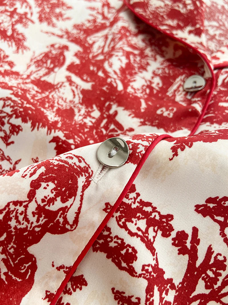 Silk Satin Print Long Sleeve Pajamas Suit Women Sleepwear Set