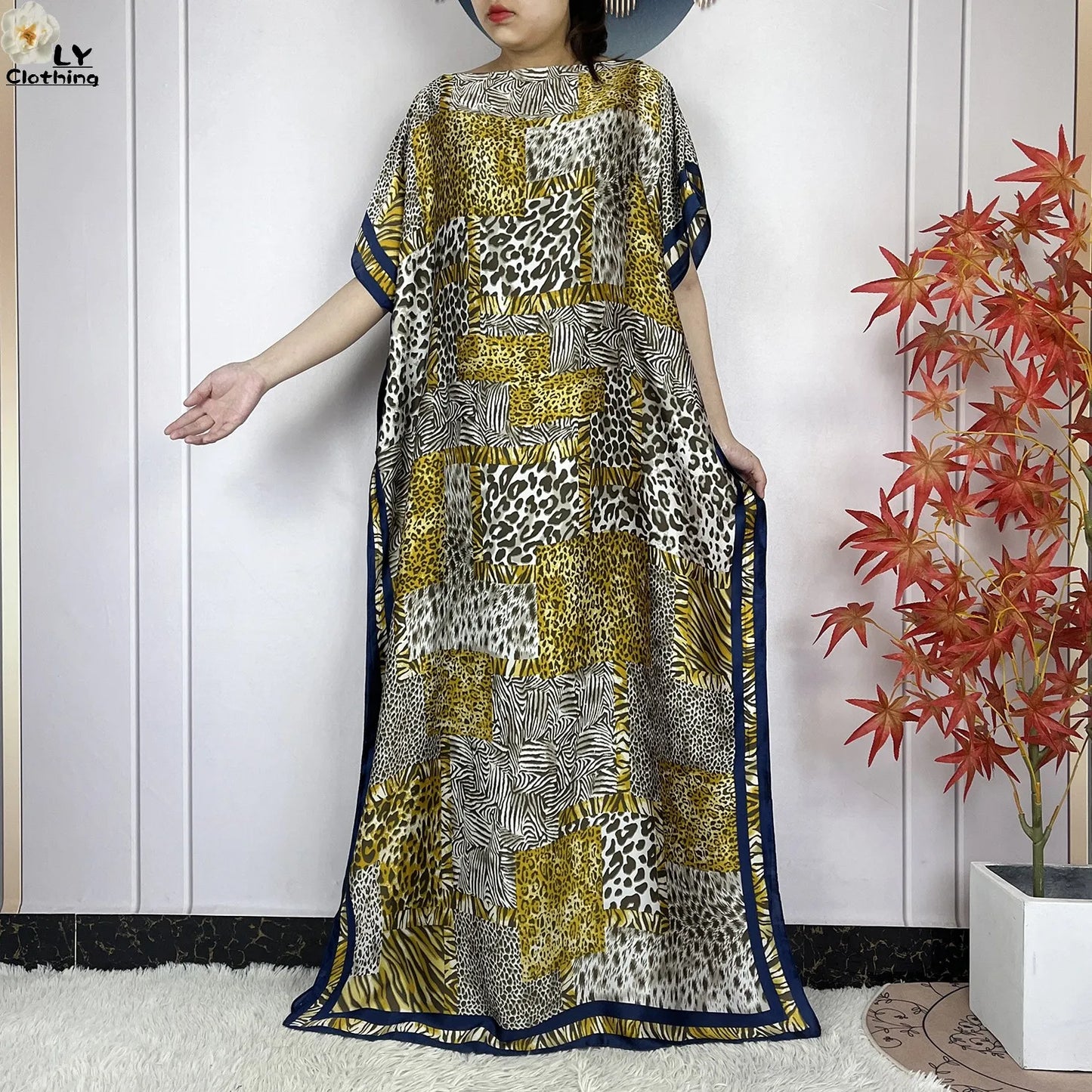 Women Printed Silk Soft Loose Maxi Party Dresses With Belt Turban