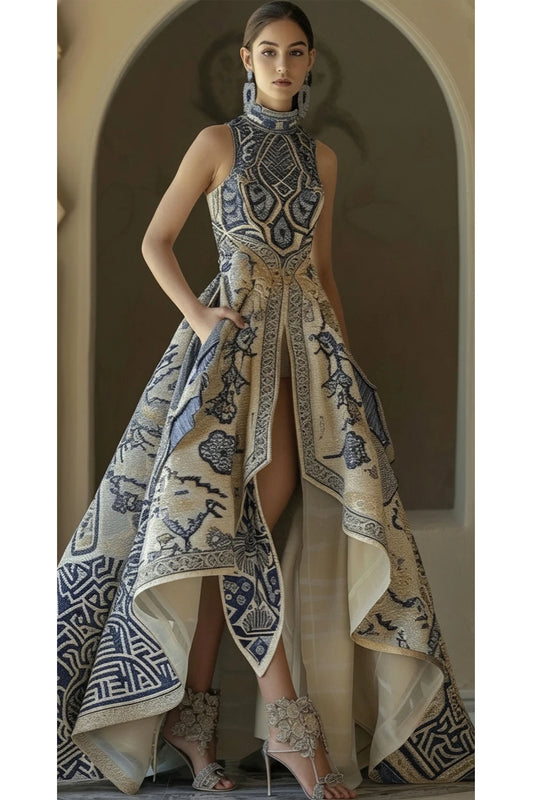Elegant Evening Formal Women Dress Low High Hem Pockets Floral Printed Sleeveless Long Dress