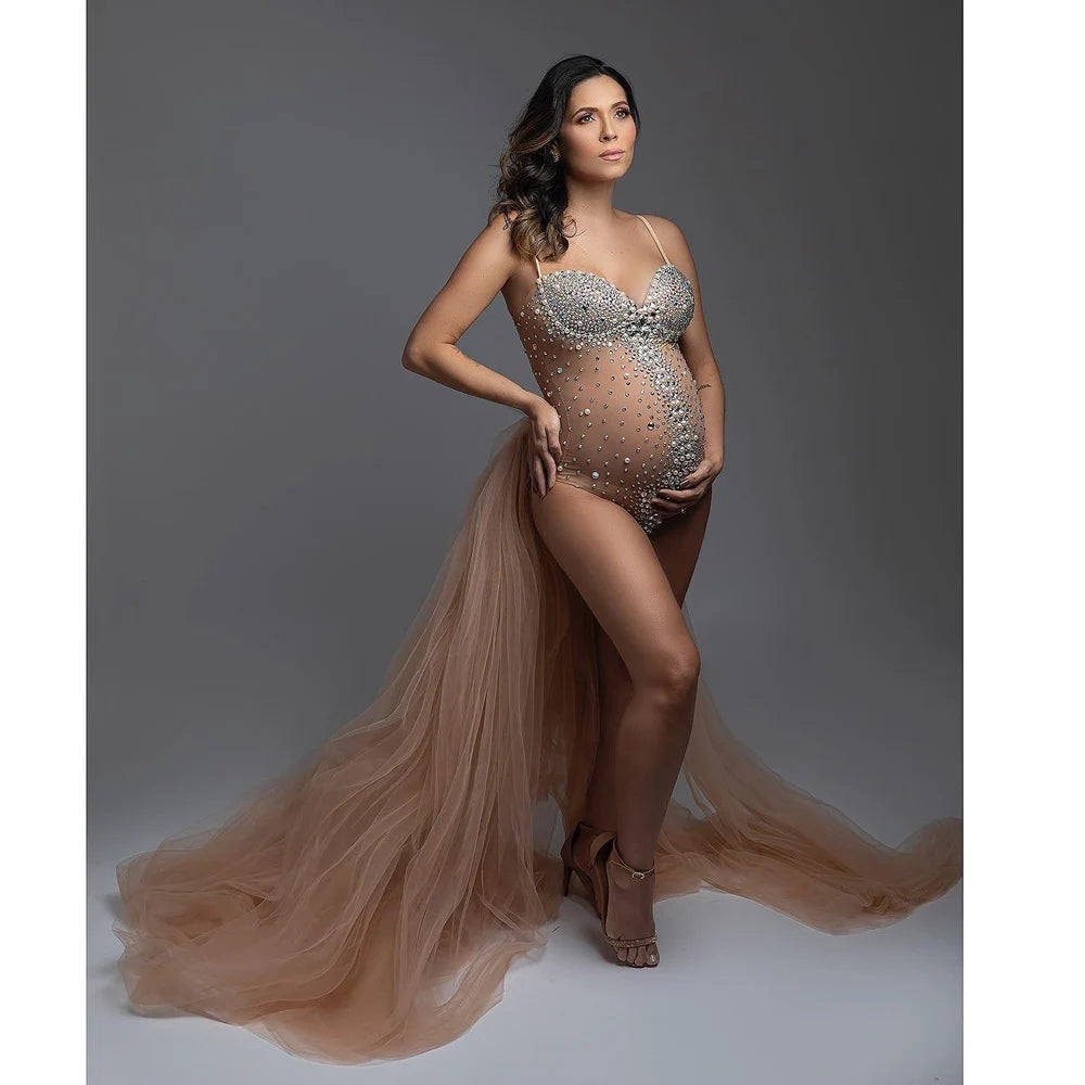 Luxurious Maternity Photography Sexy V Neck Rhinestones Pearls Stretch Jumpsuits Dress