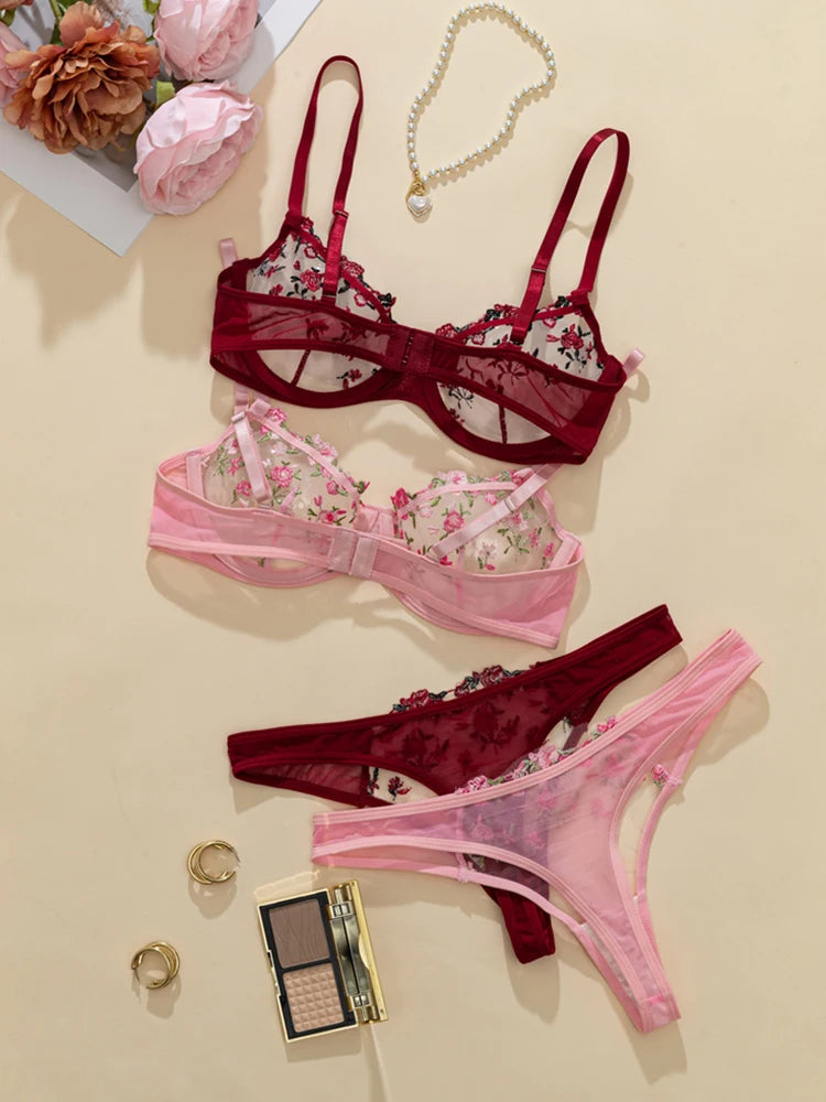 2 Sets Romantic Floral Embroidery Women Lingerie