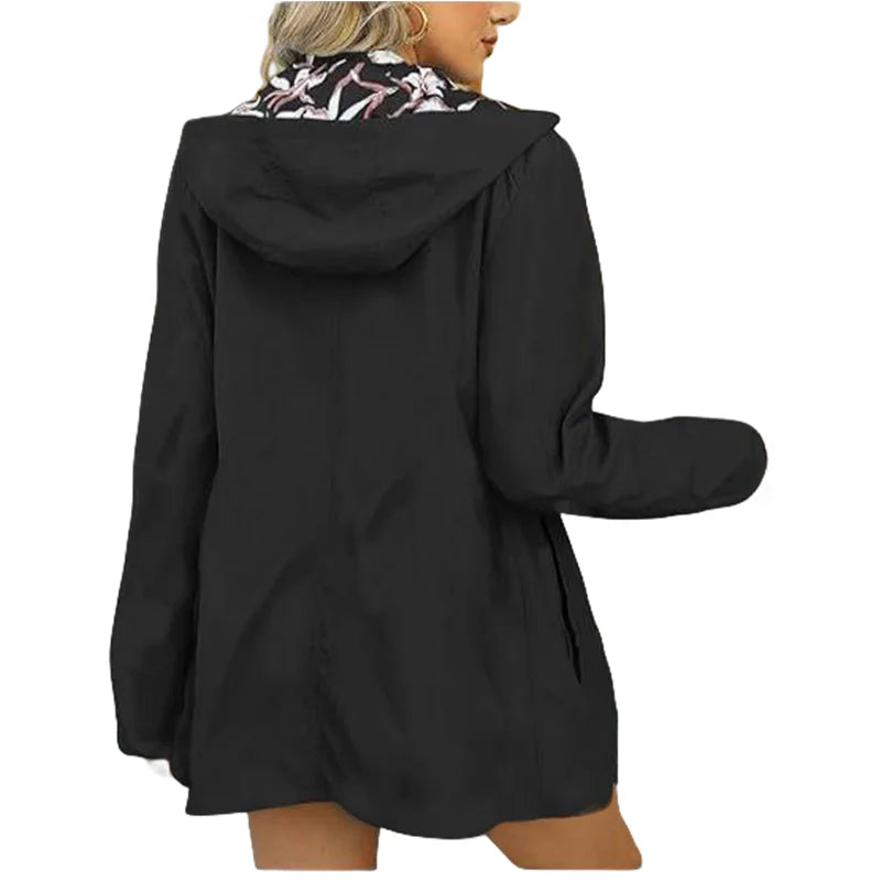 Women's Autumn Hooded Reversible Printed Jacket Casual Coat with Pockets S-2XL