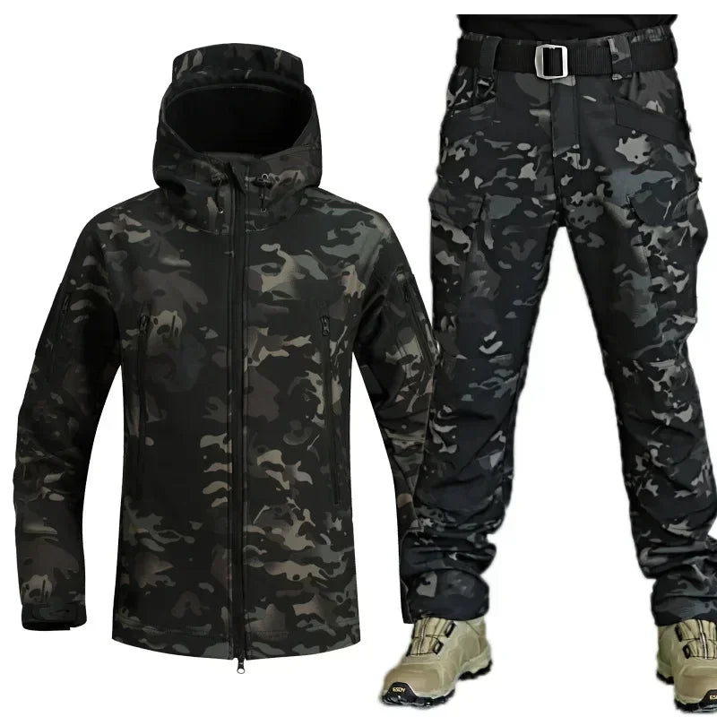 Men's Winter Thick 2 Piece Suit Hooded Jacket Fleece & Pants Waterproof Multi-pockets