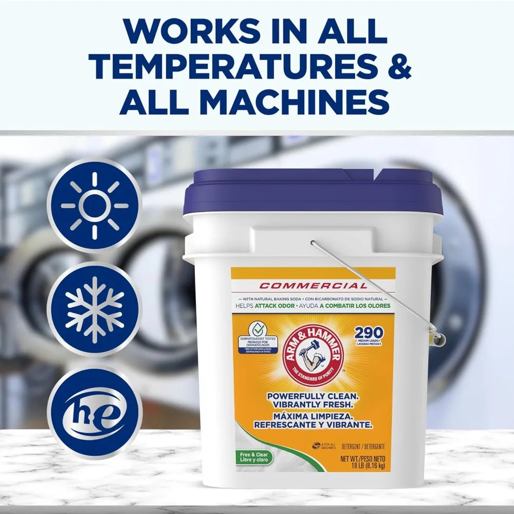 Professional Powder Laundry Detergent, 290 Loads Bulk 18lb Pail, Free & Clear for All Machines