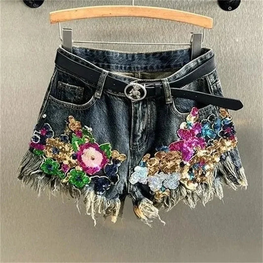 Women Sequin Floral Print Denim Shorts