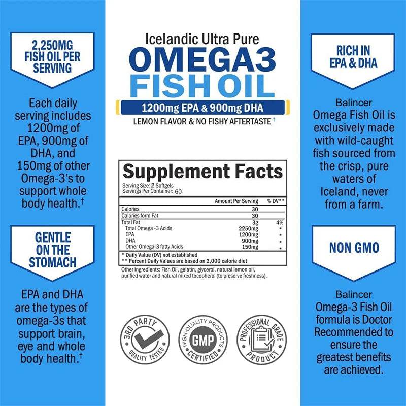 Fish Oil Omega 3 Contains EPA 1200mg & DHA 900mg - for Joints, Eyes, Cognitive Supplement, Non-GMO, Gluten Free