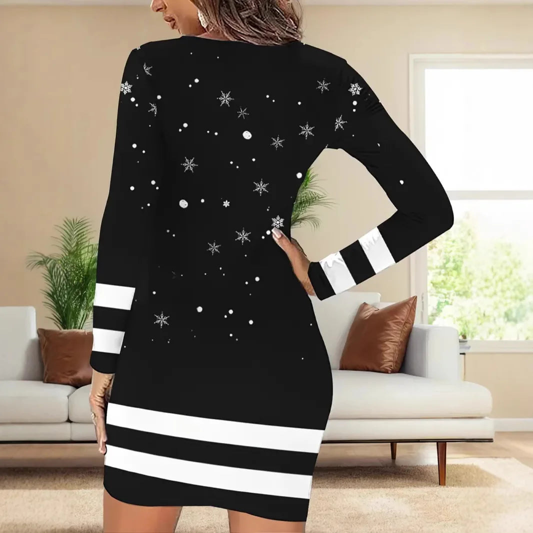 Women's sexy Christmas dress, fashionable printed long sleeved, slim fit, suitable for autumn Christmas
