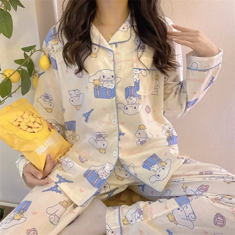 Hello Kitty 2Pcs Pajamas Set for Women Long Sleeve Tops Pants Loungewear